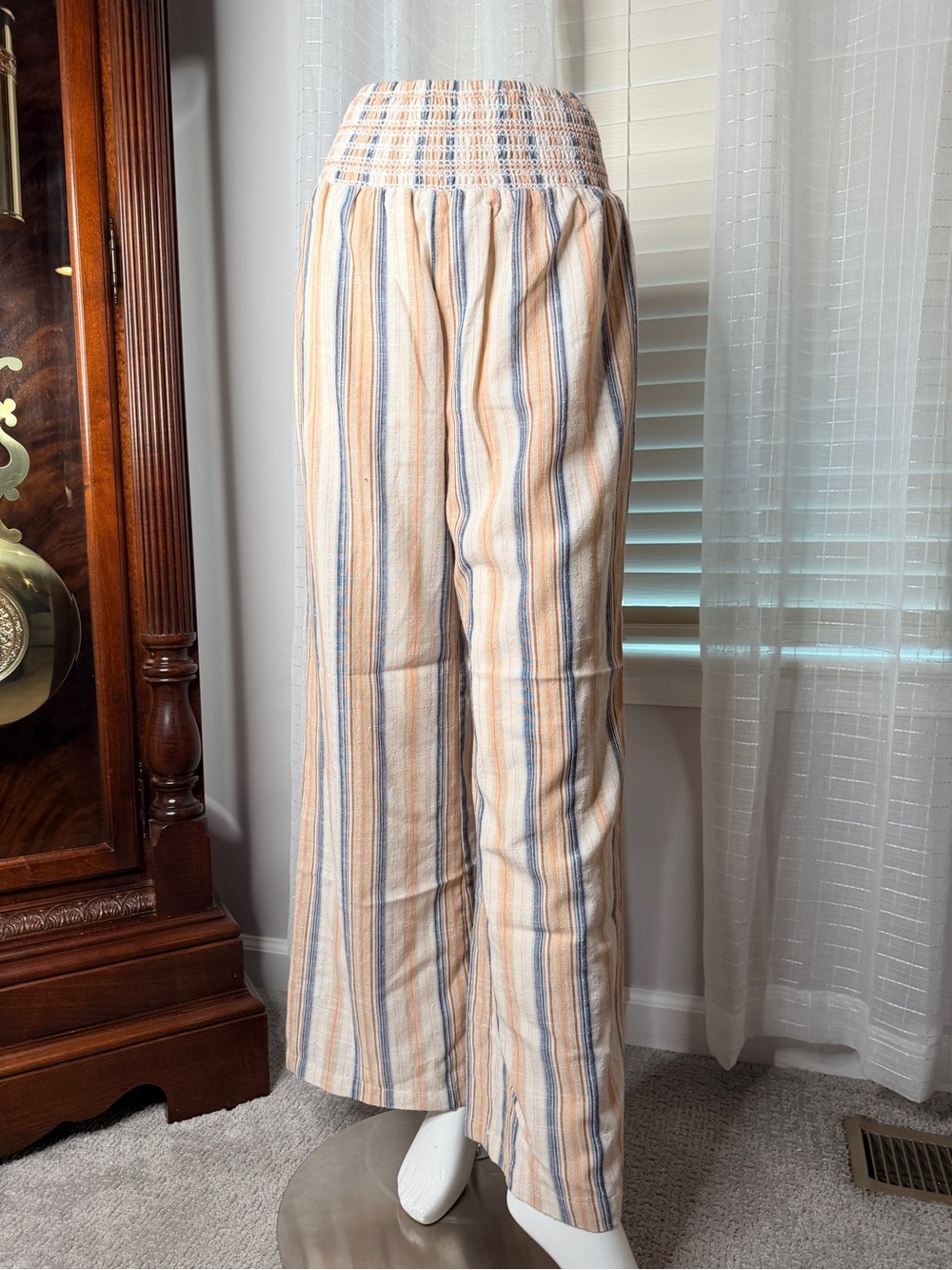 white birch Cream, Blue & Beige Striped Wide-Leg Smocked Waist Trousers
